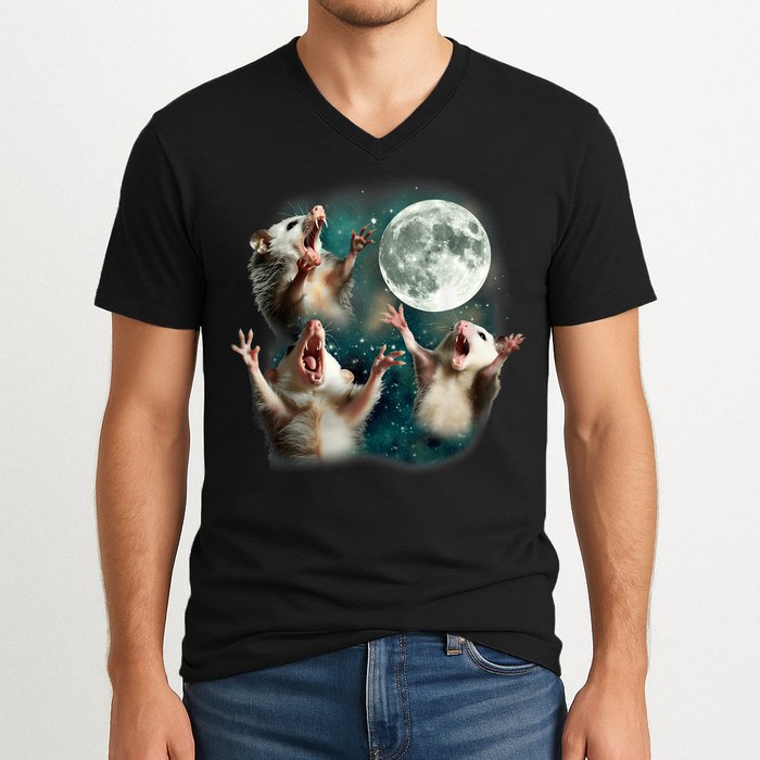 Three Possum Moon | 3 Opossum Funny Weird Cursed Meme V-Neck T-Shirt