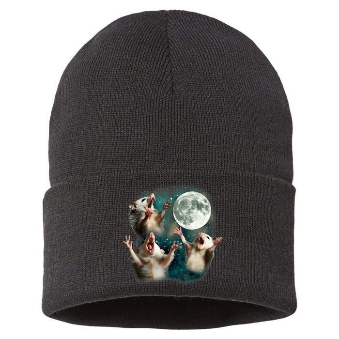 Three Possum Moon | 3 Opossum Funny Weird Cursed Meme Sustainable Knit Beanie