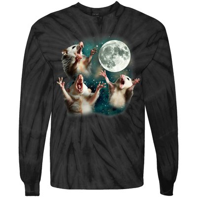 Three Possum Moon | 3 Opossum Funny Weird Cursed Meme Tie-Dye Long Sleeve Shirt