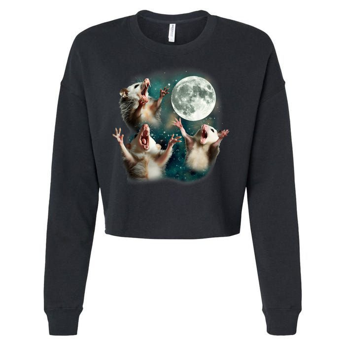 Three Possum Moon | 3 Opossum Funny Weird Cursed Meme Cropped Pullover Crew