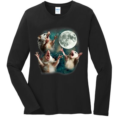Three Possum Moon | 3 Opossum Funny Weird Cursed Meme Ladies Long Sleeve Shirt