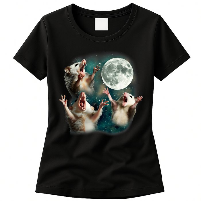 Three Possum Moon | 3 Opossum Funny Weird Cursed Meme Womens T-Shirt