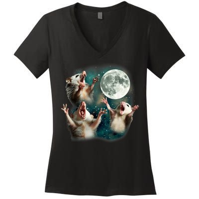 Three Possum Moon | 3 Opossum Funny Weird Cursed Meme Women's V-Neck T-Shirt