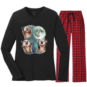 Three Possum Moon 3 Opossum And Dead Moon Weird Cursed Meme Women's Long Sleeve Flannel Pajama Set 