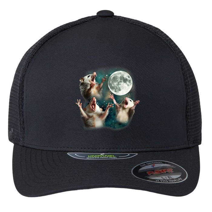 Three Possum Moon 3 Opossum Funny Weird Cursed Meme Flexfit Unipanel Trucker Cap