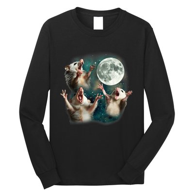 Three Possum Moon 3 Opossum Funny Weird Cursed Meme Long Sleeve Shirt