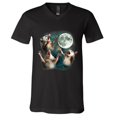 Three Possum Moon 3 Opossum Funny Weird Cursed Meme V-Neck T-Shirt