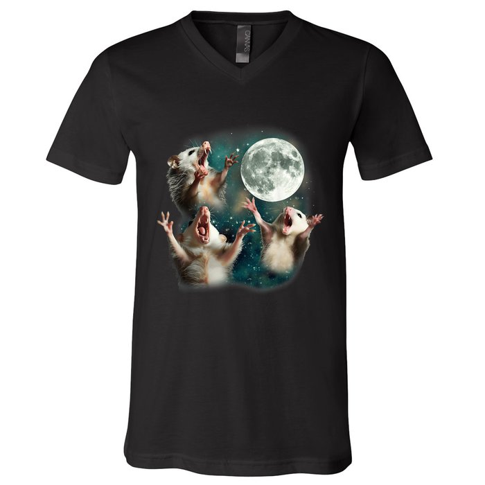 Three Possum Moon 3 Opossum Funny Weird Cursed Meme V-Neck T-Shirt