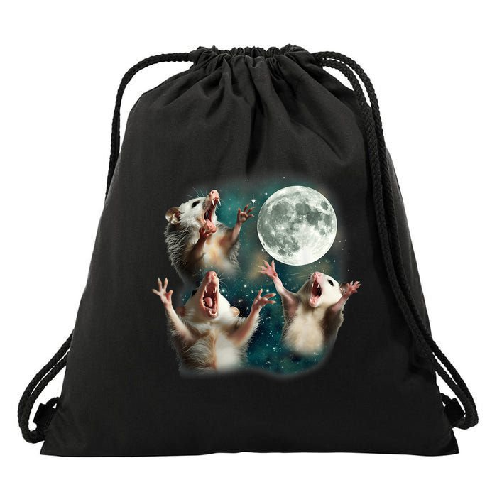 Three Possum Moon 3 Opossum Funny Weird Cursed Meme Drawstring Bag