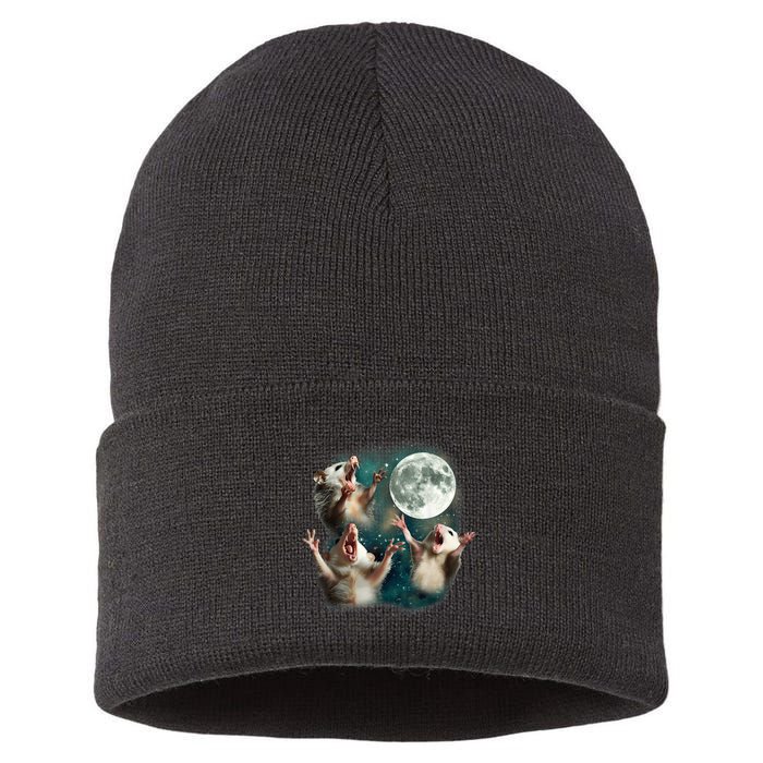 Three Possum Moon 3 Opossum Funny Weird Cursed Meme Sustainable Knit Beanie