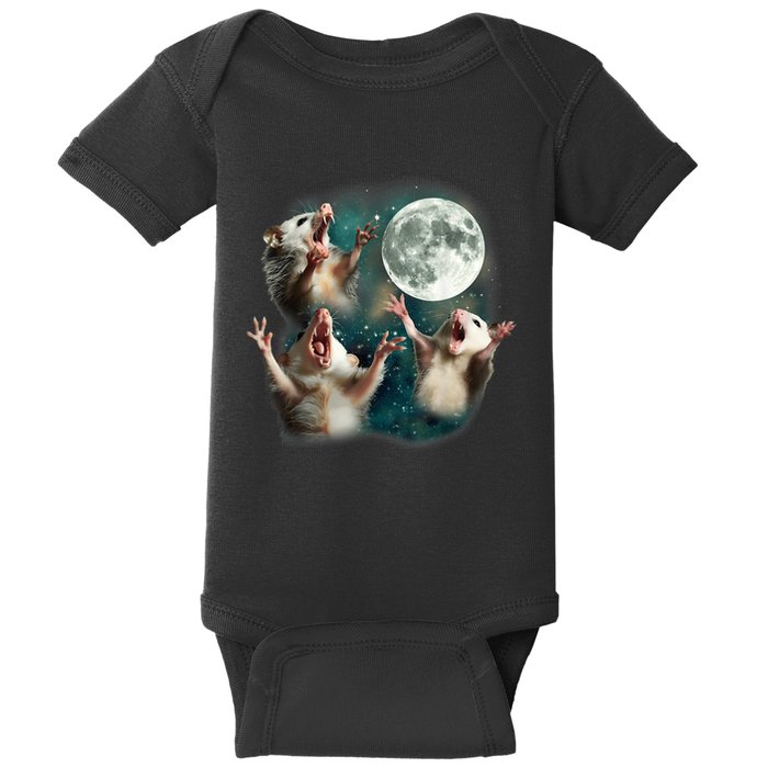 Three Possum Moon 3 Opossum Funny Weird Cursed Meme Baby Bodysuit