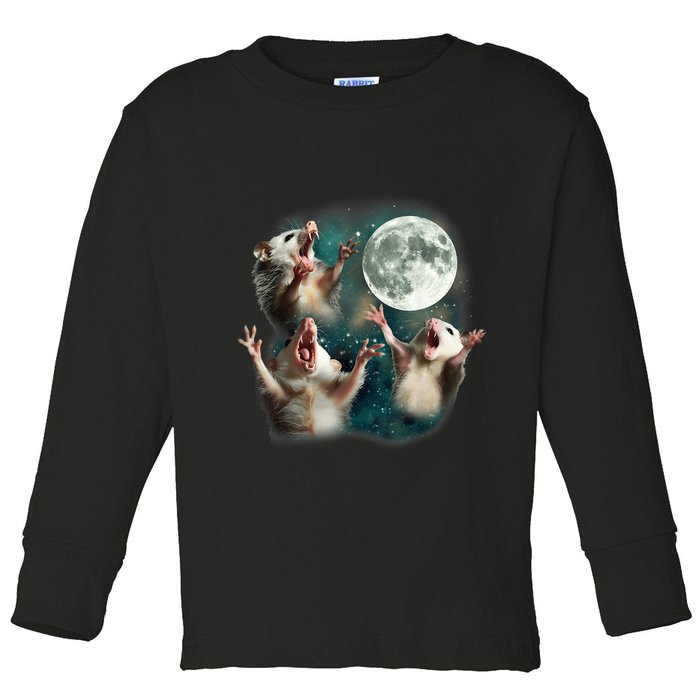 Three Possum Moon 3 Opossum Funny Weird Cursed Meme Toddler Long Sleeve Shirt