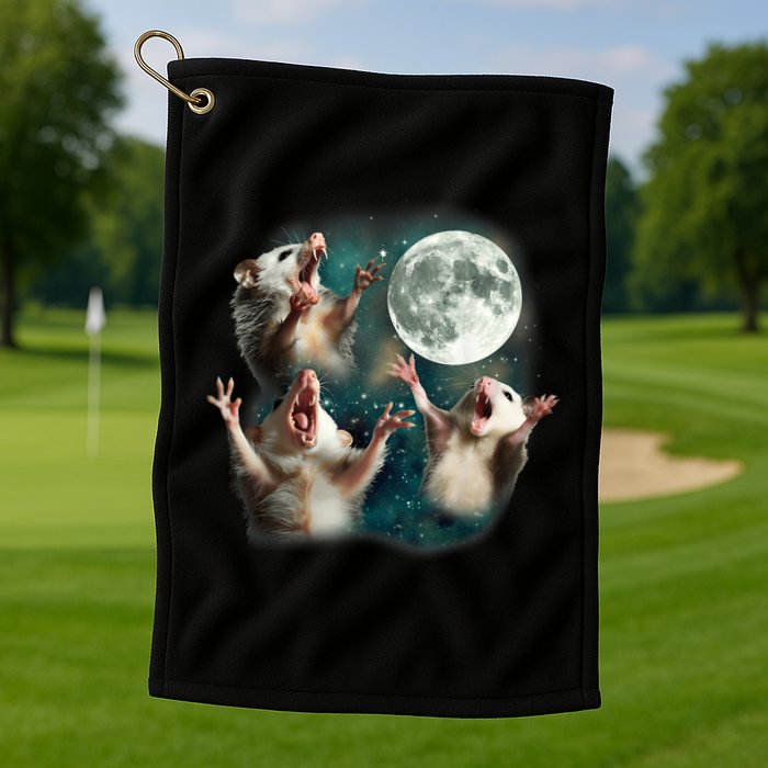 Three Possum Moon 3 Opossum Funny Weird Cursed Meme Golf Towel