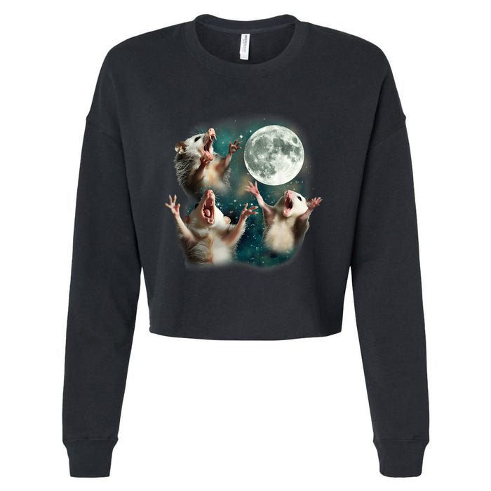 Three Possum Moon 3 Opossum Funny Weird Cursed Meme Cropped Pullover Crew