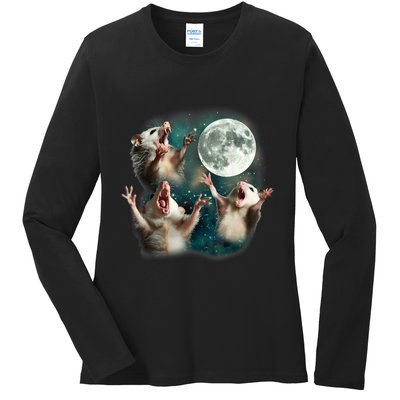 Three Possum Moon 3 Opossum Funny Weird Cursed Meme Ladies Long Sleeve Shirt