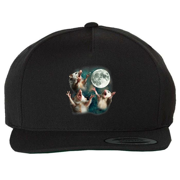 Three Possum Moon 3 Opossum Funny Weird Cursed Meme Wool Snapback Cap