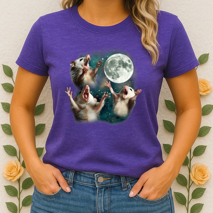 Three Possum Moon 3 Opossum Funny Weird Cursed Meme Womens T-Shirt
