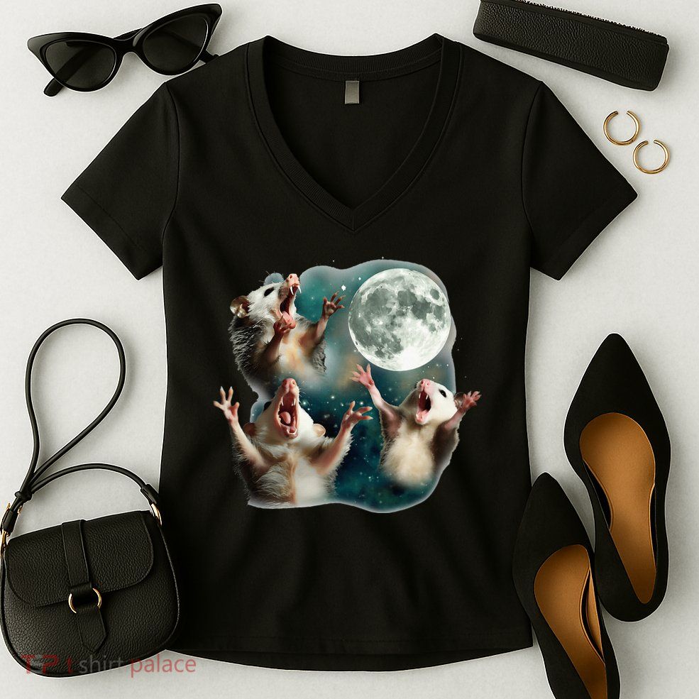 Three Possum Moon 3 Opossum Women's V-Neck T-Shirt