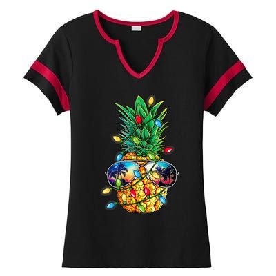 Tropical Pineapple Merry Christmas Lights Tree Merry Xmas Ladies Halftime Notch Neck Tee