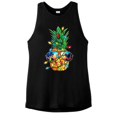 Tropical Pineapple Merry Christmas Lights Tree Merry Xmas Ladies PosiCharge Tri-Blend Wicking Tank