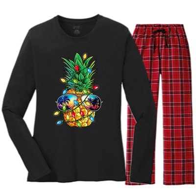 Tropical Pineapple Merry Christmas Lights Tree Merry Xmas Women's Long Sleeve Flannel Pajama Set 