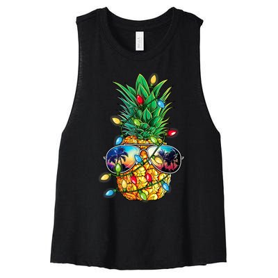 Tropical Pineapple Merry Christmas Lights Tree Merry Xmas Women's Racerback Cropped Tank