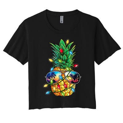 Tropical Pineapple Merry Christmas Lights Tree Merry Xmas Women's Crop Top Tee