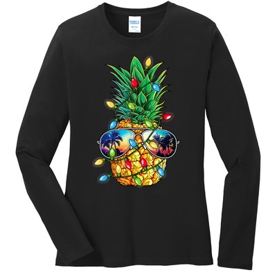 Tropical Pineapple Merry Christmas Lights Tree Merry Xmas Ladies Long Sleeve Shirt