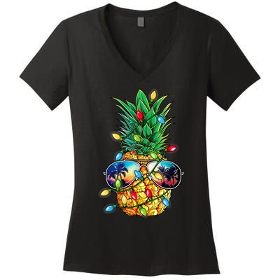 Tropical Pineapple Merry Christmas Lights Tree Merry Xmas Women's V-Neck T-Shirt