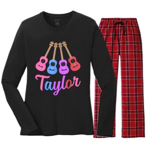 Taylor Personalized Name I Love Taylor Girl Groovy 70S Women's Long Sleeve Flannel Pajama Set 