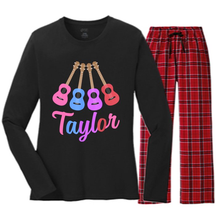 Taylor Personalized Name I Love Taylor Girl Groovy 70S Women's Long Sleeve Flannel Pajama Set 