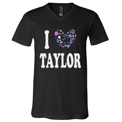 Taylor Personalized Name I Love Taylor Retro Heart 80S V-Neck T-Shirt