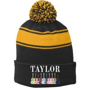 Taylor Personalized Name I Love Taylor Stripe Pom Pom Beanie