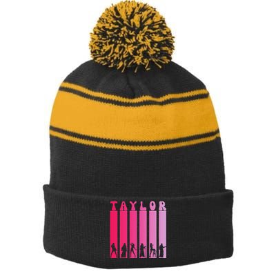 Taylor Personalized Name I Love Taylor Girl Groovy Stripe Pom Pom Beanie