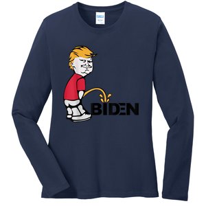 Trump Peeing On Biden Pissing Anti Biden Pro Trump Ladies Long Sleeve Shirt