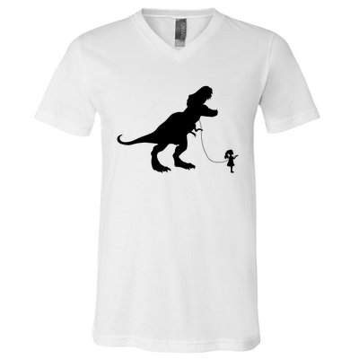 TREX PET ON A LEASH GIRL V-Neck T-Shirt