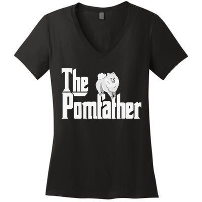 The Pomfather - Pom Father Funny Dog Dad Pomeranian Lover Women's V-Neck T-Shirt