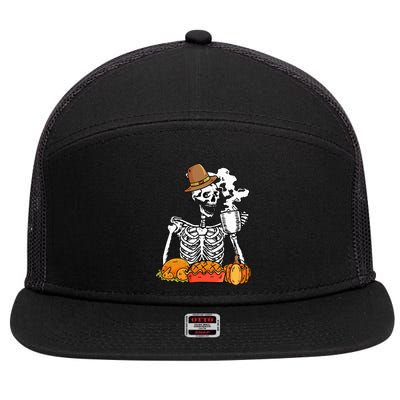 Thanksgiving Pumpkin Pie Turkey Skeleton's Coffee Break 7 Panel Mesh Trucker Snapback Hat