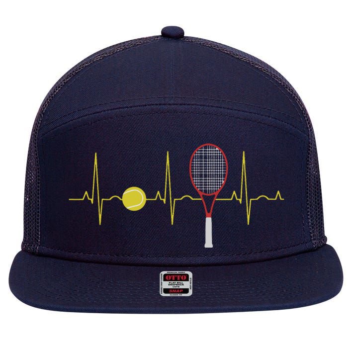 Tennis Player Retro Sport Racket & Tennis Ball Heartbeat 7 Panel Mesh Trucker Snapback Hat