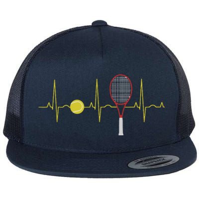 Tennis Player Retro Sport Racket & Tennis Ball Heartbeat Flat Bill Trucker Hat