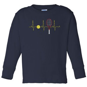 Tennis Player Retro Sport Racket & Tennis Ball Heartbeat Toddler Long Sleeve Shirt