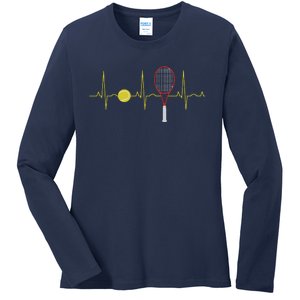 Tennis Player Retro Sport Racket & Tennis Ball Heartbeat Ladies Long Sleeve Shirt