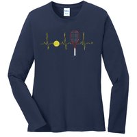 Tennis Player Retro Sport Racket & Tennis Ball Heartbeat Ladies Long Sleeve Shirt