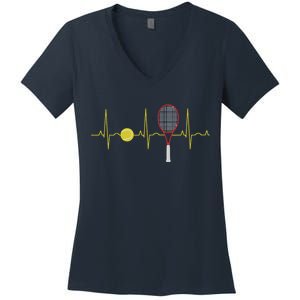 Tennis Player Retro Sport Racket & Tennis Ball Heartbeat Women's V-Neck T-Shirt