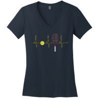 Tennis Player Retro Sport Racket & Tennis Ball Heartbeat Women's V-Neck T-Shirt