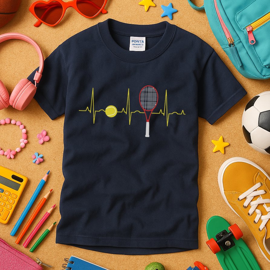 Tennis Player Retro Sport Racket & Tennis Ball Heartbeat Kids T-Shirt