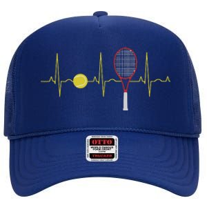 Tennis Player Retro Sport Racket & Tennis Ball Heartbeat High Crown Mesh Back Trucker Hat