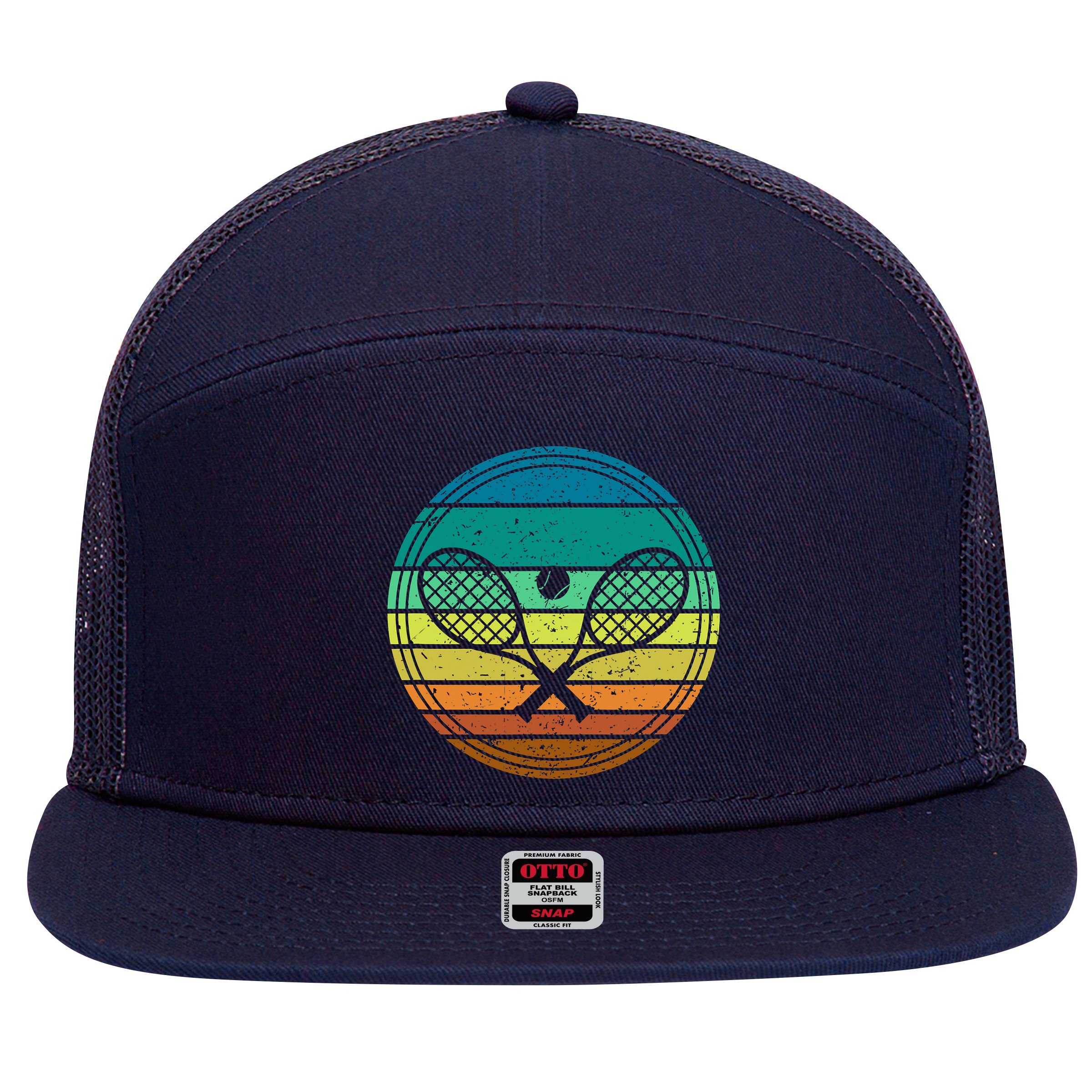 Tennis Player Racquet Ball Retro Vintage Racket Lawn Tennis 7 Panel Mesh Trucker Snapback Hat
