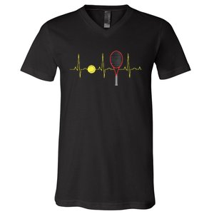 Tennis Player Retro Sport Racket Tennis Ball Heartbeat V-Neck T-Shirt