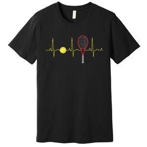 Tennis Player Retro Sport Racket Tennis Ball Heartbeat Premium T-Shirt